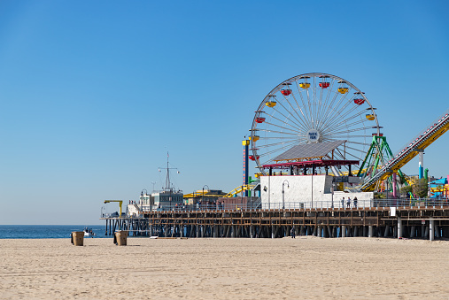 A picture of the Pacific Wheel and the Santa Monica Pier as seen from the Santa Monica State Beach.