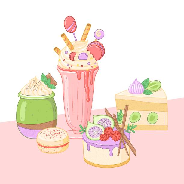 Vector illustartion of sweet dessert and milkshake.  Mousse dessert, peace of cake, macaron. vector art illustration
