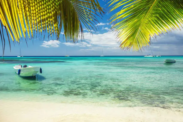 Beautiful caribbean sea and boat on the shore of exotic tropical island, panoramic view from the beach