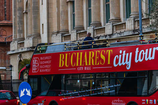 Tourist double decker red bus. Bucharest City Tour Bus.  Bucharest, Romania, 2023