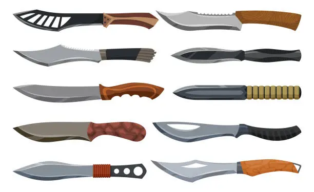 Vector illustration of Military hunting knives. Combat weapon blades, vector model types. Trapper sword and hunter knife blades. Protection concept. Warrior blades or jackknife on white background