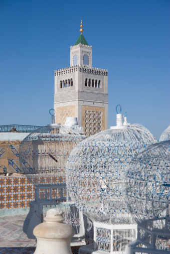 Bird cages and Grand Mosque in Tunis, Tunisia