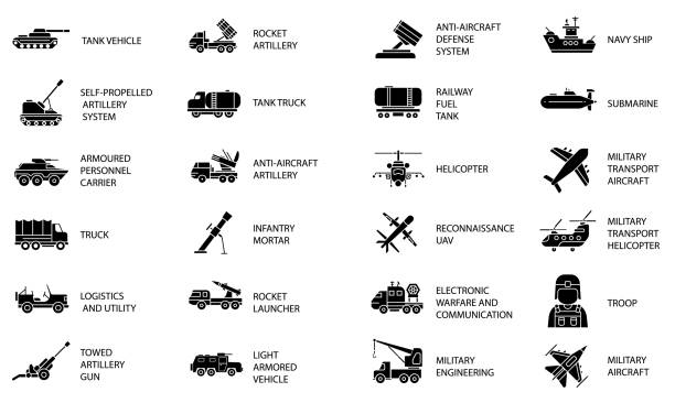 Outline set of war, military, army line icons. Editable Stroke. Military Equipment, tools, aids and appliances. collection and pack of linear icons. vector art illustration