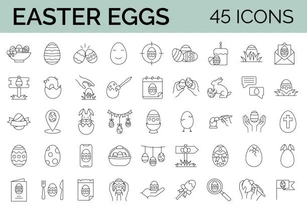 Vector illustration of Set of 45 outline icons related to Easter Eggs, egg hunt, paint, decoration. Vector illustration. Editable stroke