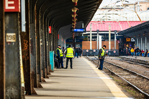 Train crew doing checkings on the platform at Bucharest North Railway Station in Bucharest, Romania, 2023