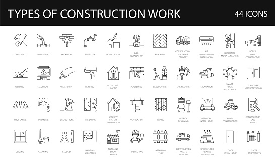 Set of 44 line icons related to different types of construction works. Kinds of building activities, occupation. Editable Stroke. outline collection. Repair, Renovation, Work Tools, Materials
