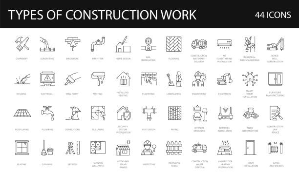 Set of 44 line icons related to different types of construction works. Kinds of building activities, occupation. Editable Stroke. outline collection. Repair, Renovation, Work Tools, Materials vector art illustration
