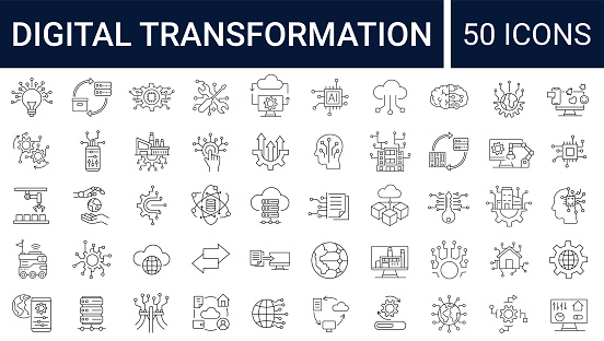 Set of 50 digital transformation simple icons. Collection of line icons as digital services, internet, cloud computing, technology. Editable stroke. Vector illustration