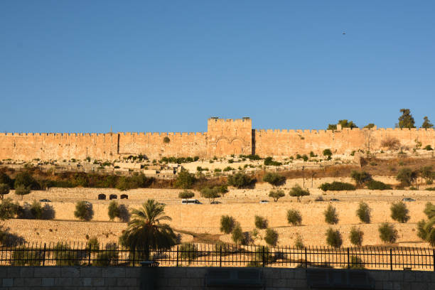 Jerusalem old city Damascus Gate aerial view sunset