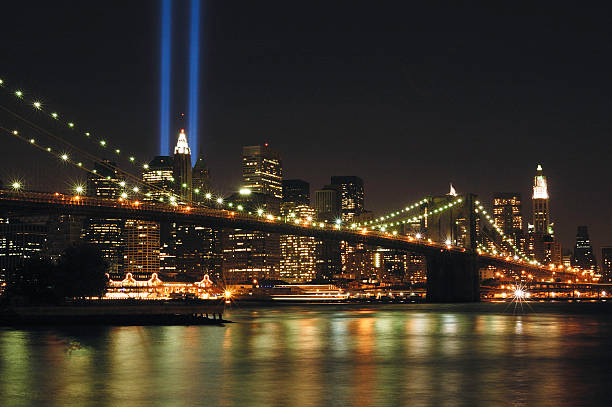 World Trade Center Memorial Tribute Lights seen from in front of the Brooklyn Bridge