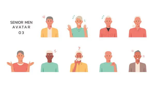 Vector illustration of People portraits of older men with negative emotion isolated set