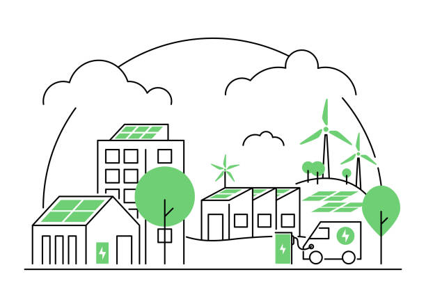 Green Electricity Outline Landscape Landscape with a houses, car, solar panels on the roof, industrial building, battery backup storage, windmills. Renewable energy smart power system. Simple, flat illustration. zero emission vehicle stock illustrations