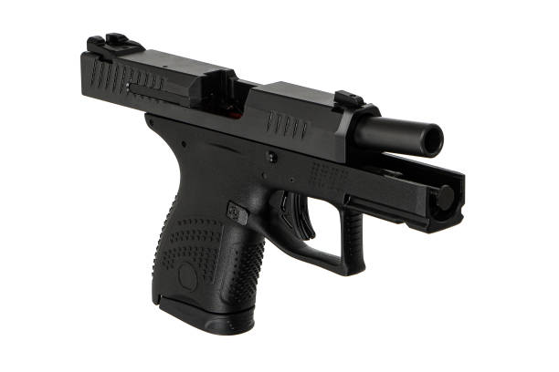 istock Modern semi-automatic pistol isolate on a white background. Armament for the army and police. Short-barreled weapon. 1468607273