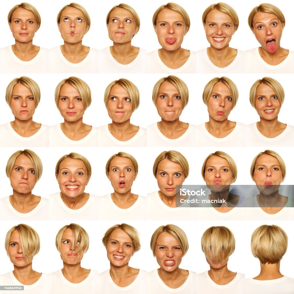 Useful facial expressions 24 nice woman faces over white background Composite Image Stock Photo