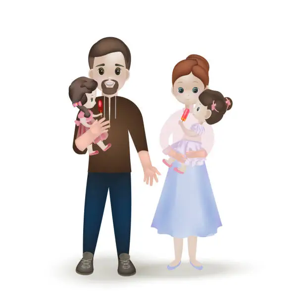 Vector illustration of Happy family, vector illustration. Mother, father and two daughters. Parents hold baby girls on hands, kids are eating ice cream.