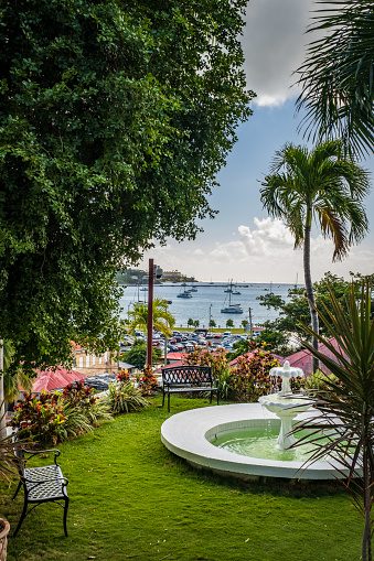 Fountain and gardens with view of Charlotte Amalie Harbor directly across from the Government House.