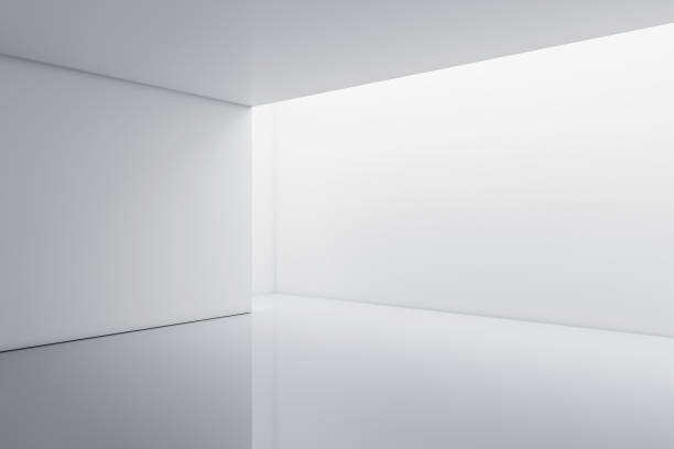 istock Perspective view on blank white box abstract hall illuminated walls with place for your product or car presentation on glossy floor. 3D rendering, mockup 1468613357