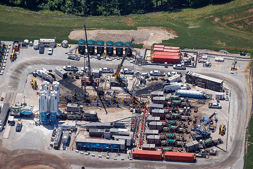 Aerial view of natural gas well Hydraulic Fracturing in the Marcellus shale formation in northern West Virginia photograph taken June 2022