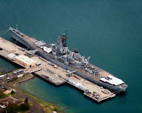 Aerial of battleshipsUss Arizonia memorial and Uss Missouri Pearl Harbor Hawaii photograph taken March 2009