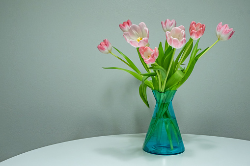 Bouquet of pink tulips in a transparent glass vase on a white table.