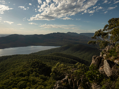 View point in the Grampians Victoria looking over the escarpment and Lake Belfield