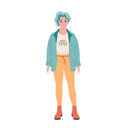 Modern young woman with short hair in casual outfit. Stylish fashionable look. Shirt, jeans, boots. LGBT person. Vector illustration