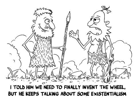 Political or business cartoon about cavemen talking about philosophy and technology. Vector illustration.