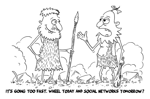 Political or business cartoon about cavemen talking about social networks and technology. Vector illustration.