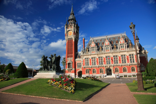 The town hall in Calais, France in the late evening.