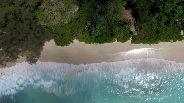 Seychelles beach and waves, downward aerial view