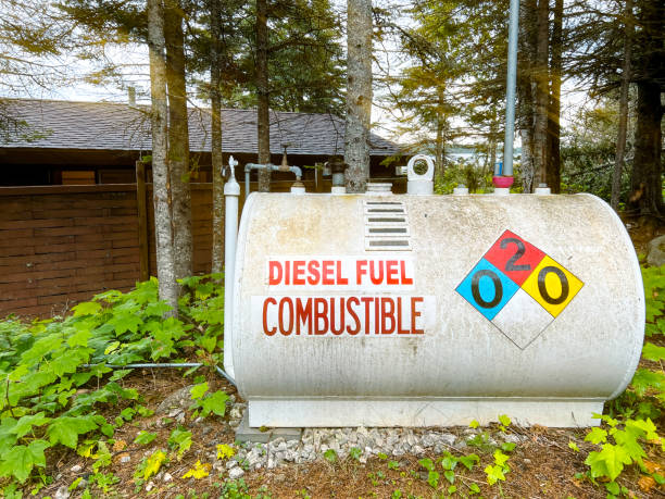 Diesel Fuel Storage Tank A white diesel fuel storage tank with the words, “Diesel Fuel Combustable” in large lettering on the front. Colorful environment warning symbols are painted on the tank. A wilderness area is in the background of view. Located in the remote Upper Peninsula of Michigan within Isle Royale National Park. warning coloration stock pictures, royalty-free photos & images