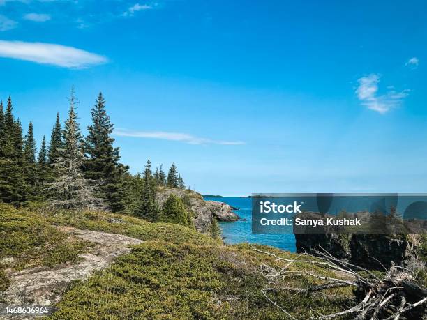 Spectacular Views Of Lake Superior And Forested Woodland From The Rocky Coast Of Isle Royale National Park Stock Photo - Download Image Now