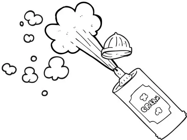 Vector illustration of freehand drawn black and white cartoon squirting whipped cream