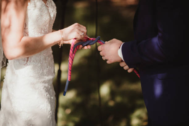 Church wedding ceremony. The priest ties the hands of the newlyweds with an embroidered cloth.