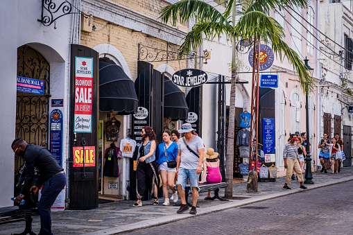 Charlotte Amalie, St. Thomas, USVI - January 2, 2023: Shoppers and shops along Dronningens Gade W.