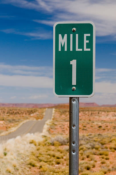 Mile 1 one marker on desert highway vertical stock photo