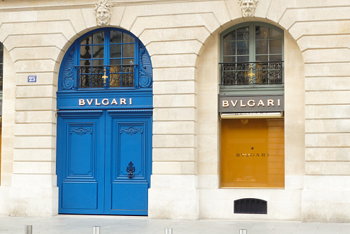 Paris, France. February 19. 2023.  Luxury boutique located on Place Vendôme. Perfumer and watchmaker as well as jeweller.