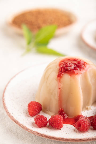 istock Buckwheat milk jelly on gray concrete, side view, selective focus. 1468654648