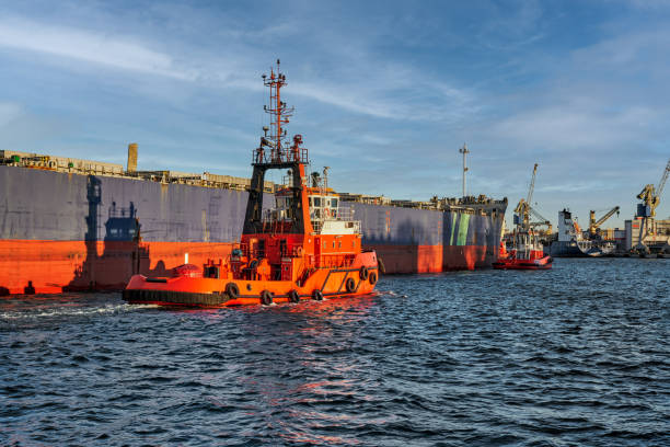발트해 그단스크 항구, 2019 년에 건조 된 배수량 81,703 t dwt의 대형 벌크 선은 예인선의 도움으로 항구에 입항하며 길이 228.99m, 너비 32m, 흘수 10.2m입니다. - tugboat nautical vessel sea gdansk 뉴스 사진 이미지