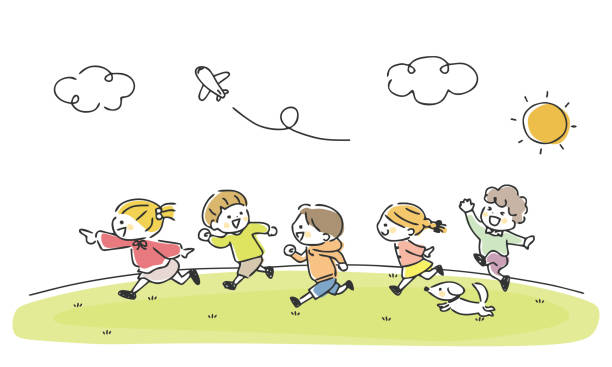 ilustraciones, imágenes clip art, dibujos animados e iconos de stock de ilustración de niños corriendo bien. - juegos de preescolar