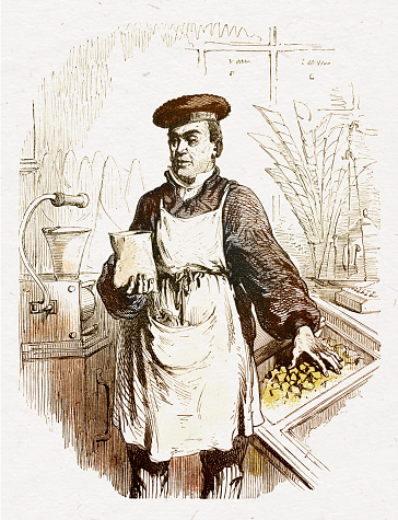 Salesman selling candies in candy store 1869
Original edition from my own archives
Source : Correo de Ultramar 1869