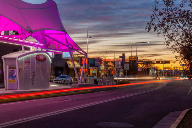 Route 66 in Nob Hill, Albuquerque, New Mexico at dusk stock photo