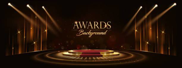 red maroon golden curtain stage award hintergrund. trophäe auf rundem roten teppich luxushintergrund. moderne abstrakte designvorlage. led visual motion graphics. hochzeitshochzeitseinladung poster. - roter teppich stock-grafiken, -clipart, -cartoons und -symbole