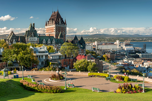Quebec City, Canada - September 26, 2021:  Old Quebec City downtown historic skyline view from the Plains of Abraham