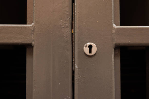 Close-up of a keyhole on a metal gate.