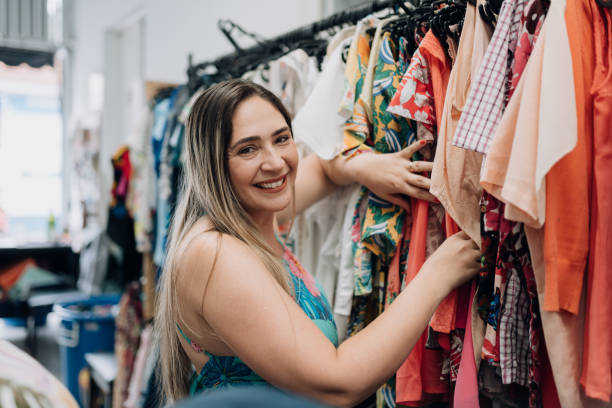istock Choosing clothes at the thrift store 1468674070