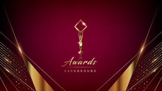 Modern Abstract Dark Red Golden Gold background with diagonal glowing light effect. illustration with trophy. Blue Lights on Graphics. Luxury Graphics. Award Background. Abstract Background.