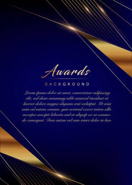 Vector illustration of Blue Golden Side Corner Design Award Background. Trophy on Luxury Background. Modern Abstract Design Template Wedding and Marriage Card. Engagement Invitation Card. A4 Letter Size Certificate Design.