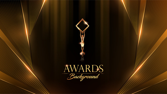 Golden Awards Background. Jubilee Night Decorative Invitation. Trophy on Stage platform with spotlight. Wedding Entertainment Hollywood Bollywood Night. Elegant Luxury Steps Floor. Film Awards.
