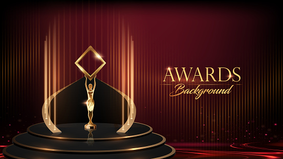 Elegant Looking Trophy Podium on stage. Red Golden Award Background. Luxury Premium Graphics. Throne Sitting Style. Royal Kingdom Prince Style Product Display with Light Effects. Modern Graphics.